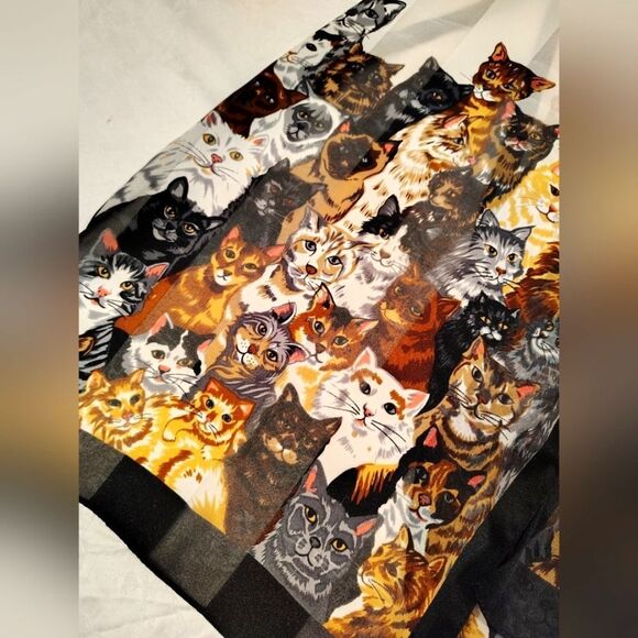 Cat Pattern Long Silk Scarf Kitty Cats Vintage - Picture 2 of 10